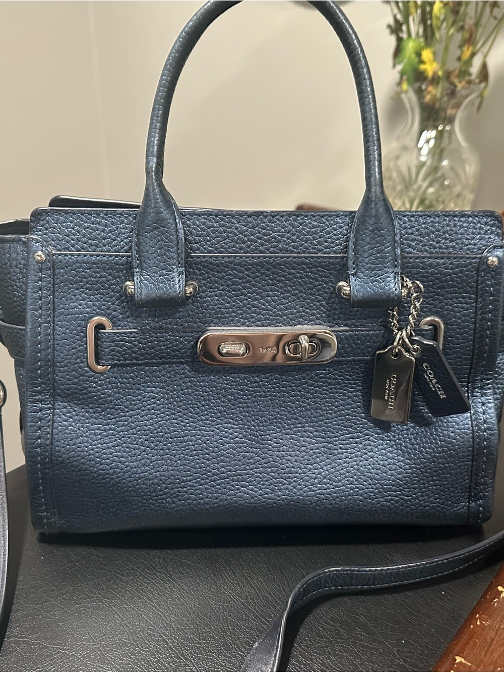 Coach Pebbled Leather Satchel in Navy Blue with Silver Hardware
